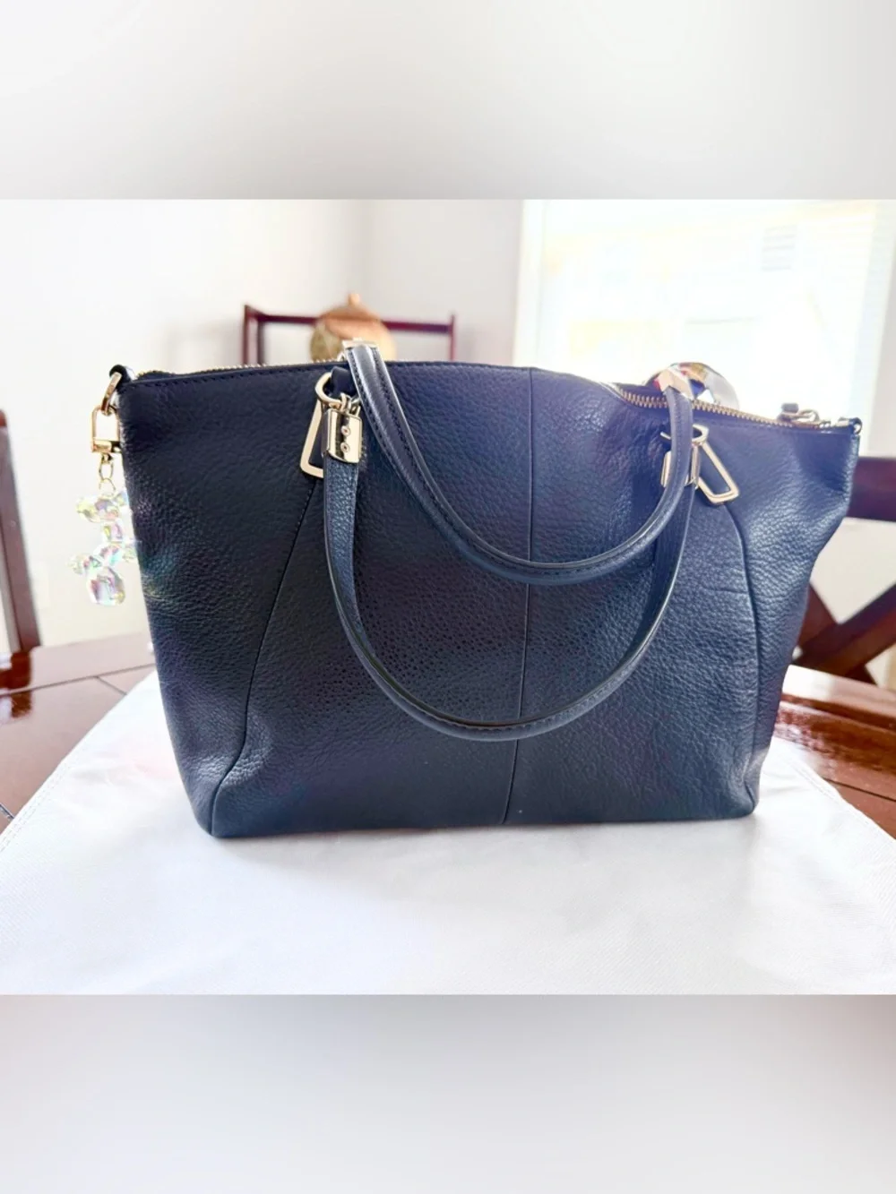 Coach Black Pebbled Leather Satchel with Gold Hardware and Decorative Scarf